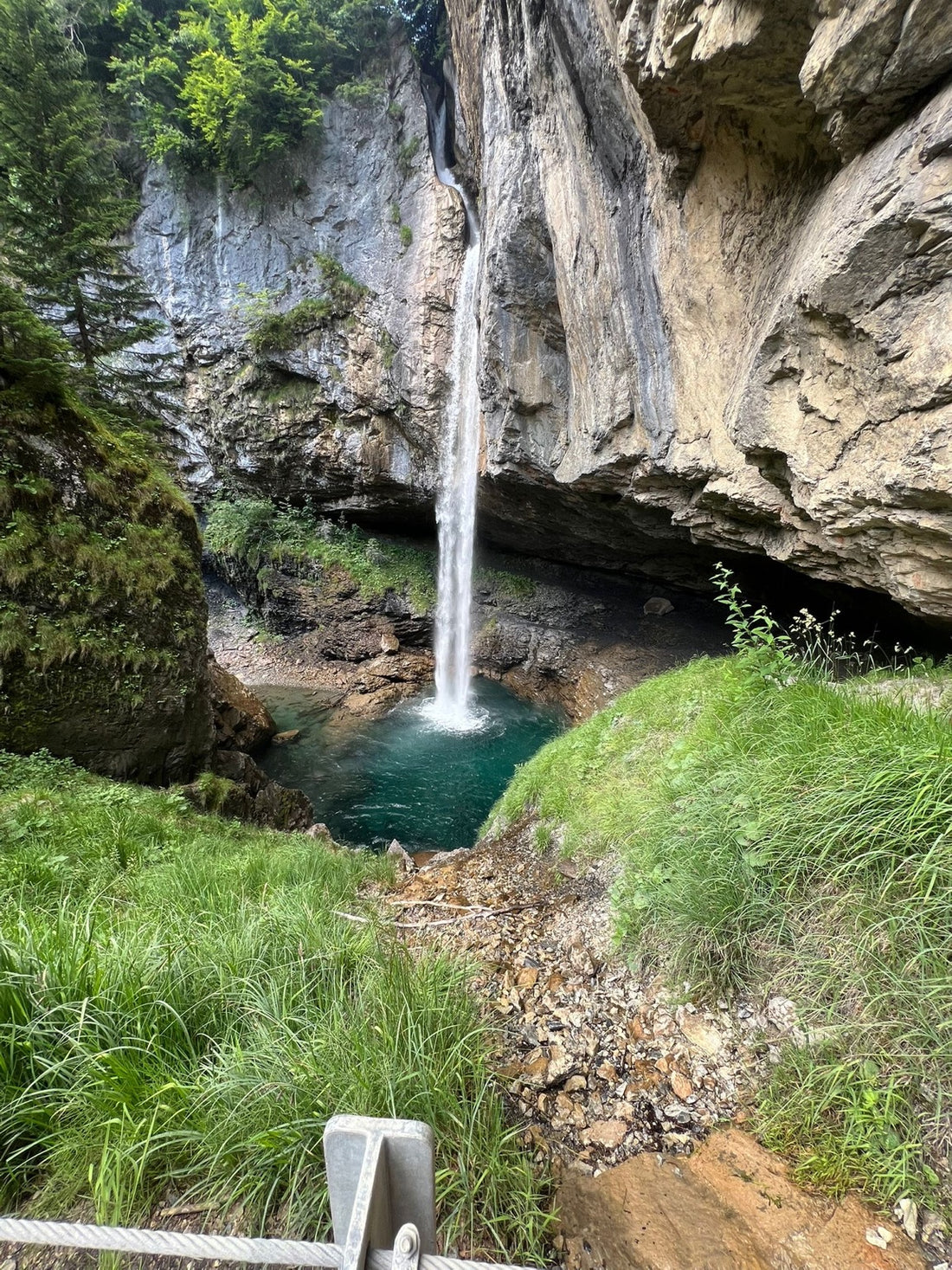 Alpine waterfall visited during a European overland trip